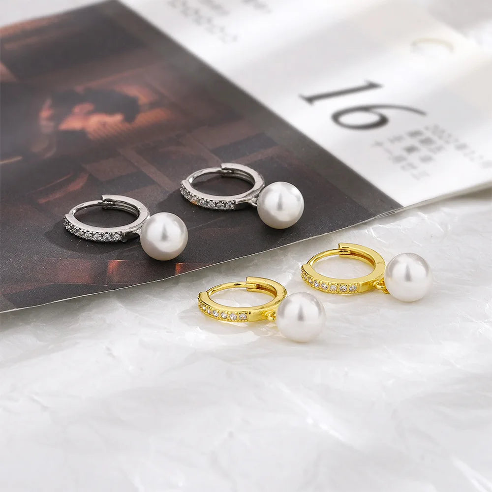 Hemasa Silver Color Simulated Pearl Inlaid Zircon Dangle Earrings for Women Classic Drop Round Ear Buckle Wedding Bride Luxury Jewelry
