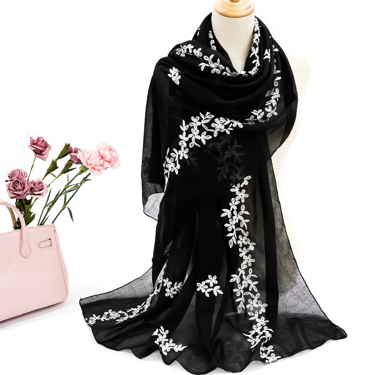 A women's fashionable embroidered embroidered soft edged thin scarf shawl