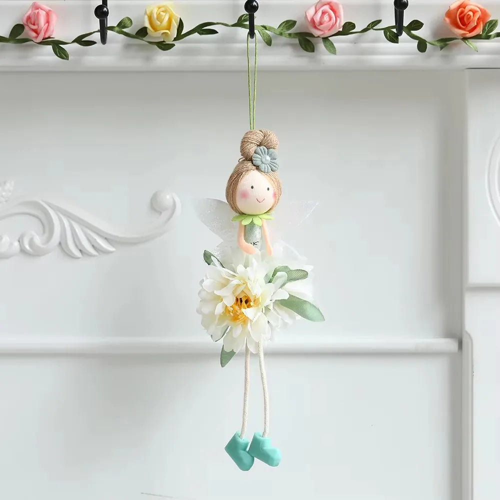New Plush Flower Fairy Bunny Rabbit Dolls Hanging Ornaments Pink White Yellow Green Kids Girls Gifts Easter Home Decor
