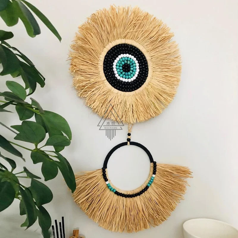Moroccan Hemp Rope Wooden Bead Mirror Round Raffia Wall Hangings Ins Handmade Straw Decorations