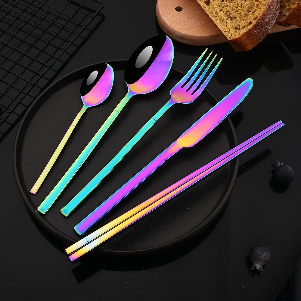 Hemasa 30Pcs Dinnerware Mirror Stainless Steel Cutlery Set Rainbow Knife Dessert Fork Spoon Silverware Kitchen Party Dinner Tableware