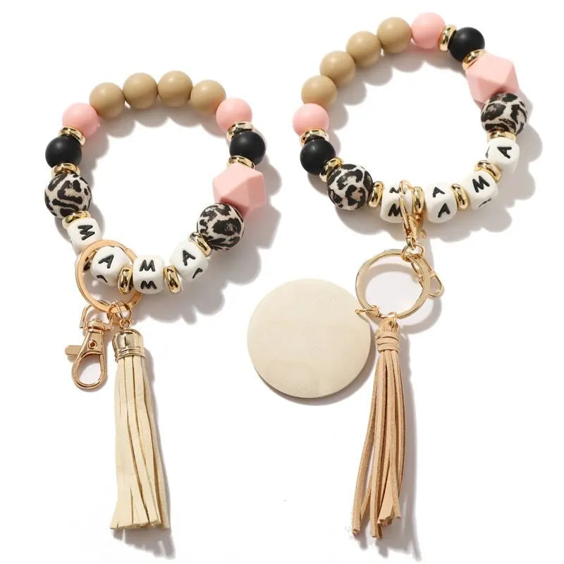 Silicone Keychain For Keys Tassel Wood Beads Bracelet Keyring For Women Multicolor Beads Keychain Fashion Keychain Wholesale