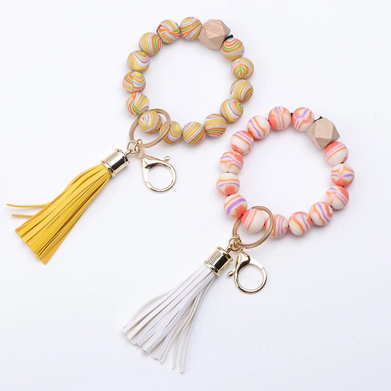 Hemasa  Silicone Bead Bracelet Tassel Keychain Colorful Stripes  Bead  Bag Key Pendant Gifts
