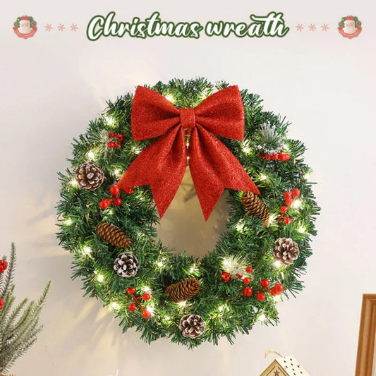 40/50/60cm LED Lights Rattan Vine Pine Cone Christmas Wreath New Year Xmas Garlands for Door Windows Wall Hanging Decor