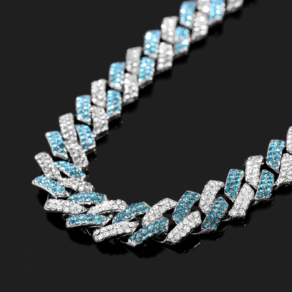 14MM Blue Prong Cuban Chain Hiphop Necklaces For Women Men 2 Row Rhombus Iced Out Cuban Link Chain Choker Necklace Jewelry