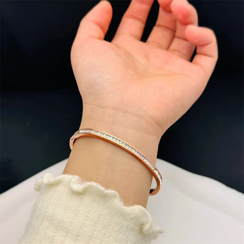 Stainless Steel Rhinestone Bangle Women Bracelet Jewelry Sisters Birthday Gift