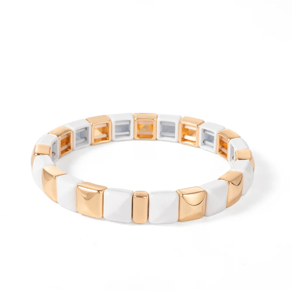Tejesa Colorful Enamel Square Shape Rhombus Faced Bohemain Geometric Elastic Bracelets For Women