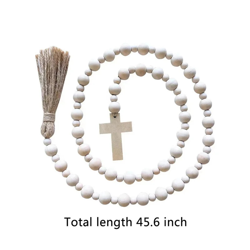 Wood Bead Garlands With Cross Farmhouse Natural Wood Beads Garland Decor For Tiered Tray Rustic Christmas Ornaments