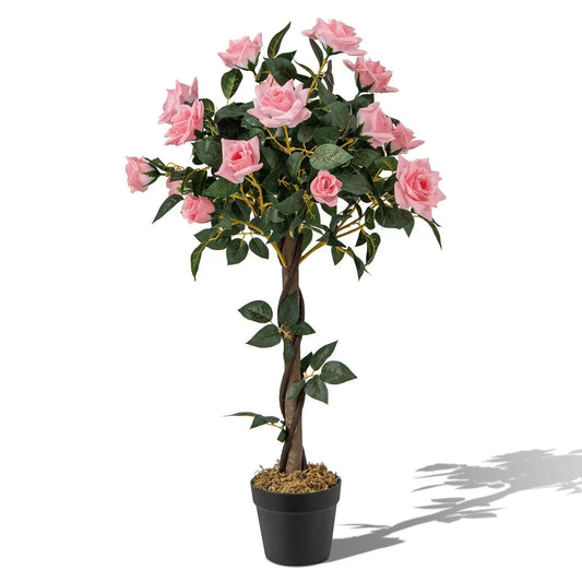 Hemasa 90CM Artificial Flower Tree Faux Floral Plant W/Pine Roses Greenery Potted Plant