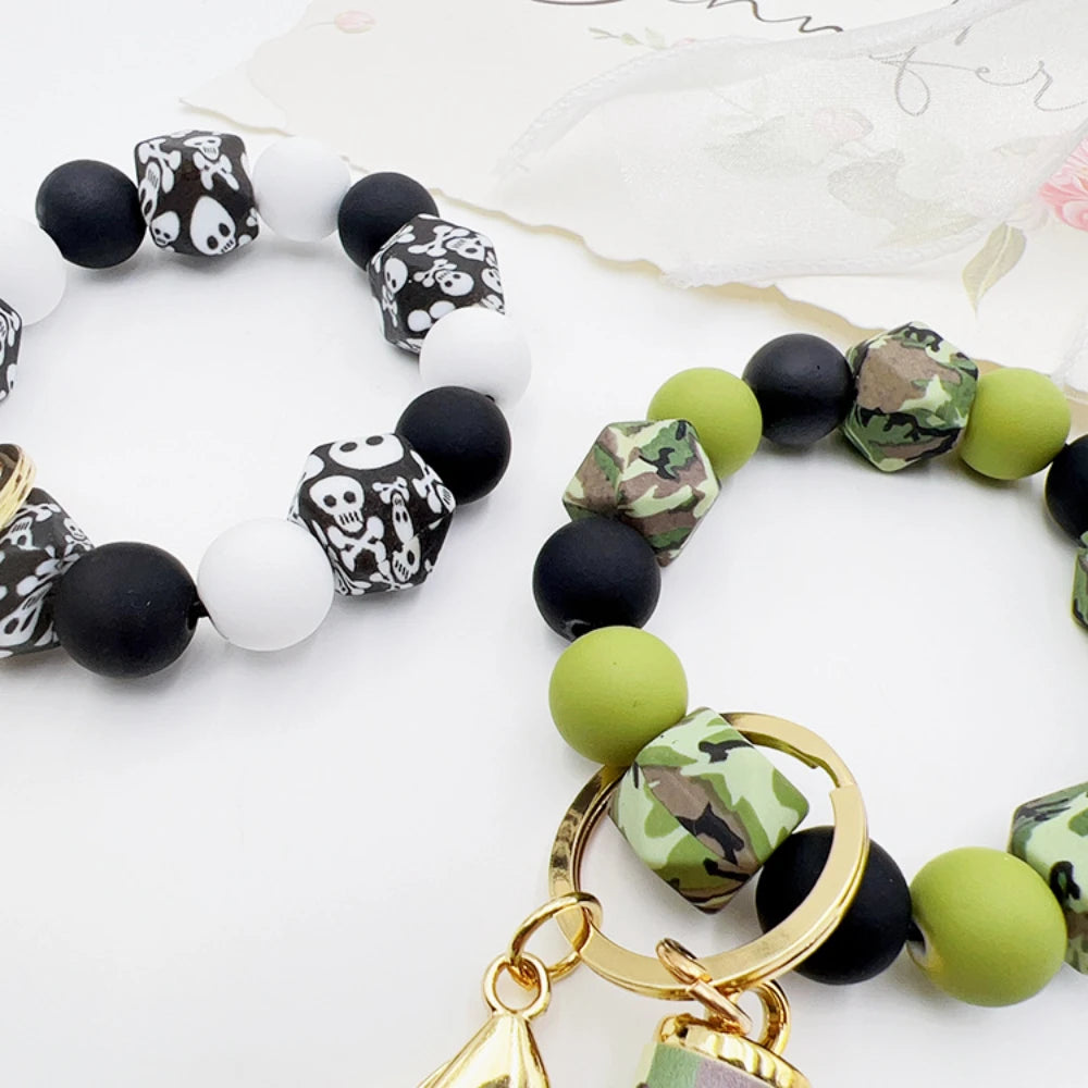14mm Silicone Octagonal Rubber Paint Round Bead Bracelet, Wristband, Tassel Keychain