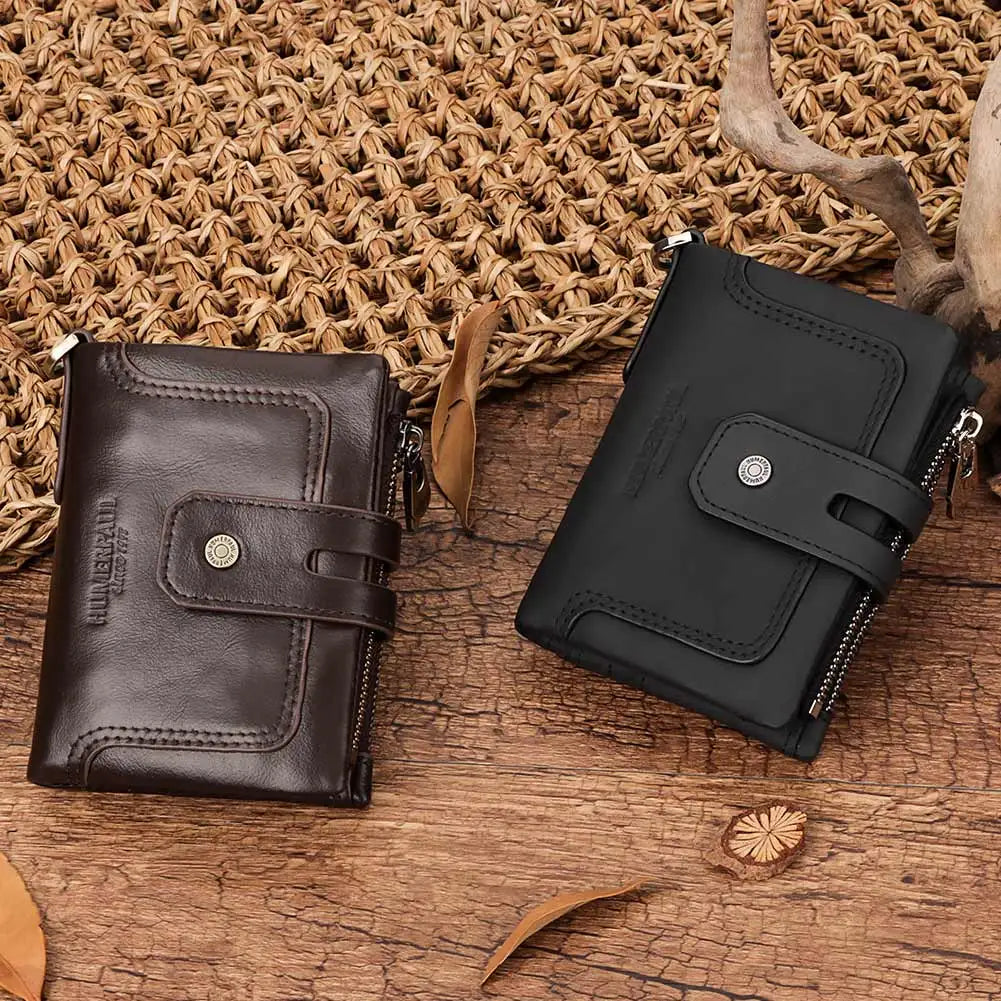 Genuine Leather RFID Men Wallet Business Credit Card Holders Double Zipper Coin Purse Chain PORTFOLIO Portomonee Male Carteira