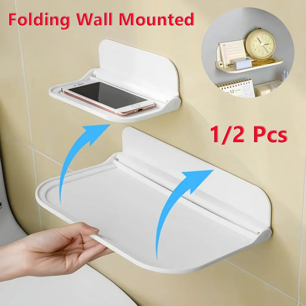 Folding Wall Mounted Shelf Saving Space Foldable Storage Rack Punch-Free Phone Holder Wifi Router Storage Tray BathroomOrganizer