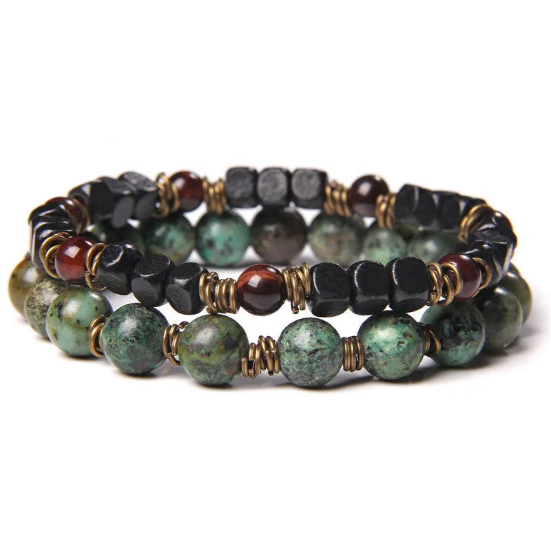 2pcs/set Beaded Bracelet Natural Stone Tiger Eye Hematite Beads Bracelet Men Energy Elastic Rope Bracelet Jewelry Couples Gifts