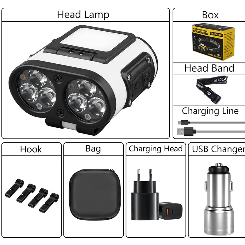 Hemasa LED Smart Sensor Headlamp Cap Clip Light USB Rechargeable Flashlight  With Power Display Riding Fishing Camping Outdoor Torch
