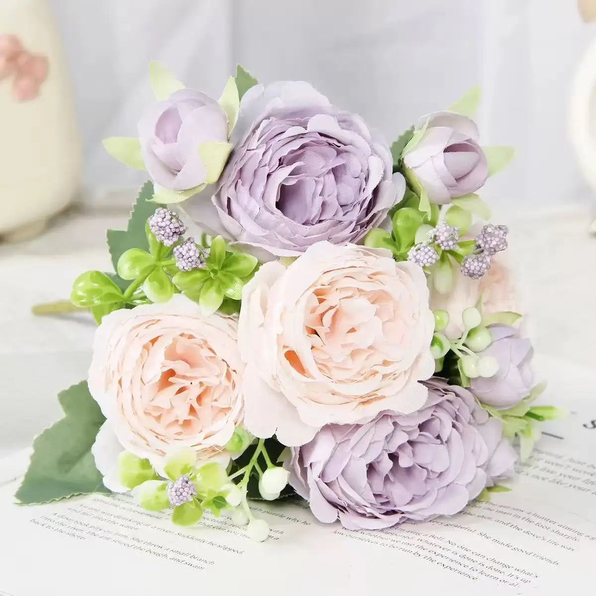30cm Rose Pink Silk Peony Artificial Flowers Bouquet 5 Big Head and 4 Bud Cheap Fake Flowers for Home Wedding Decoration indoor