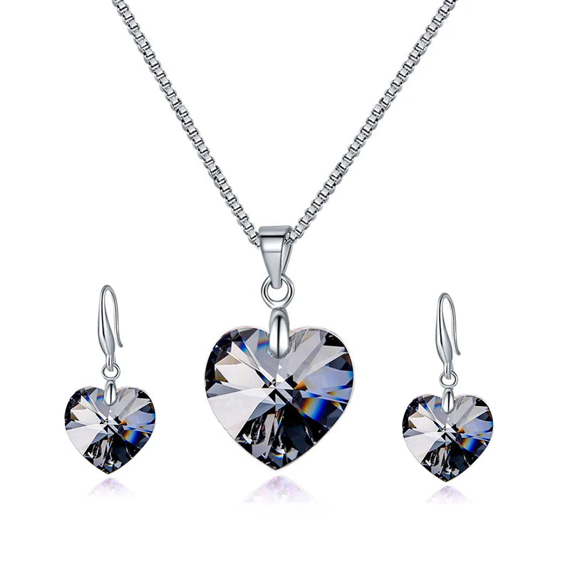 Romantic Heart Jewelry Sets Silver Color Crystals from Austria Pendant Necklace Drop Earrings for Women Wedding Anniversary