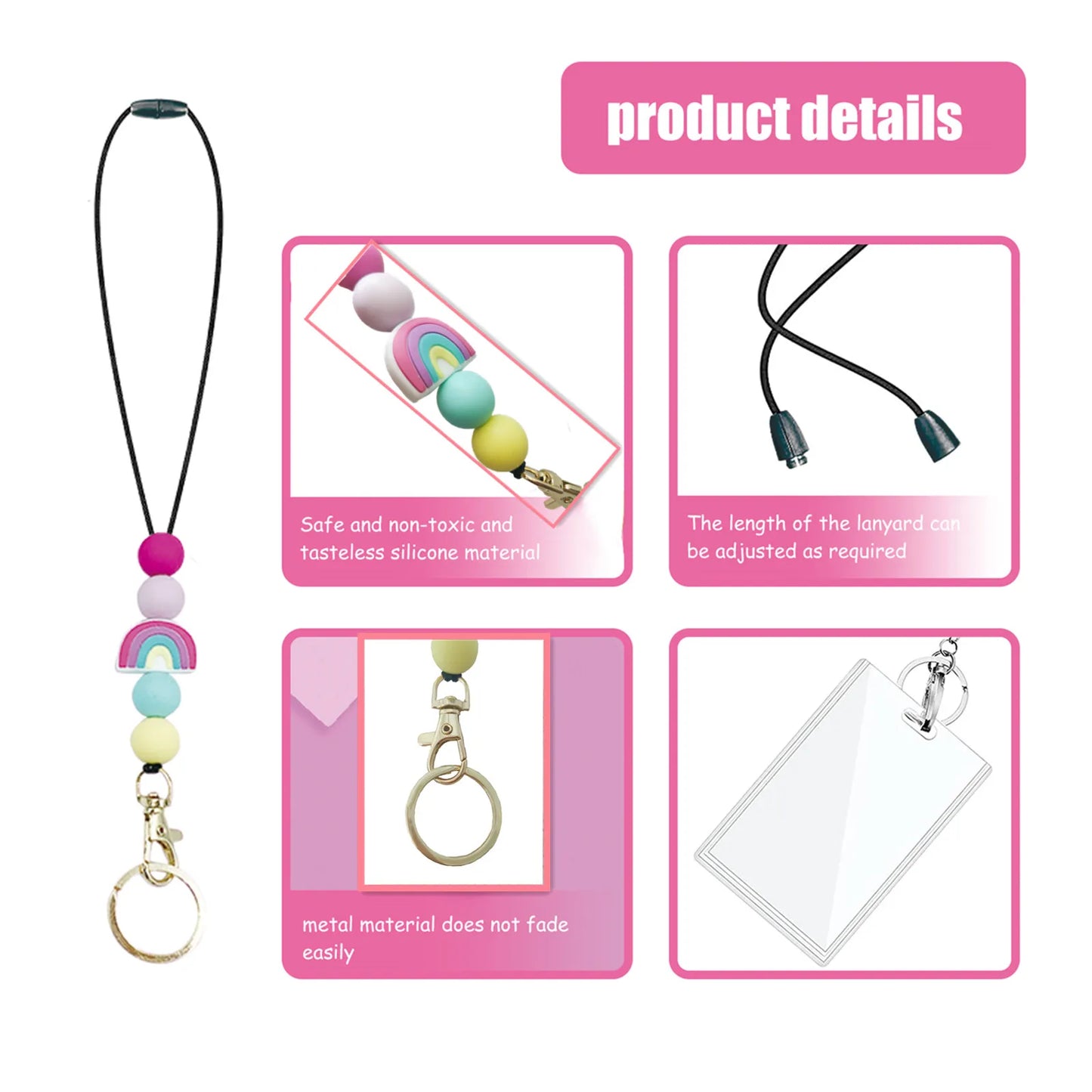 Teacher Lanyards For ID Badges And Keys Cute Beaded Lanyards With Keychain Silicone Beaded Keychain For Women Girls