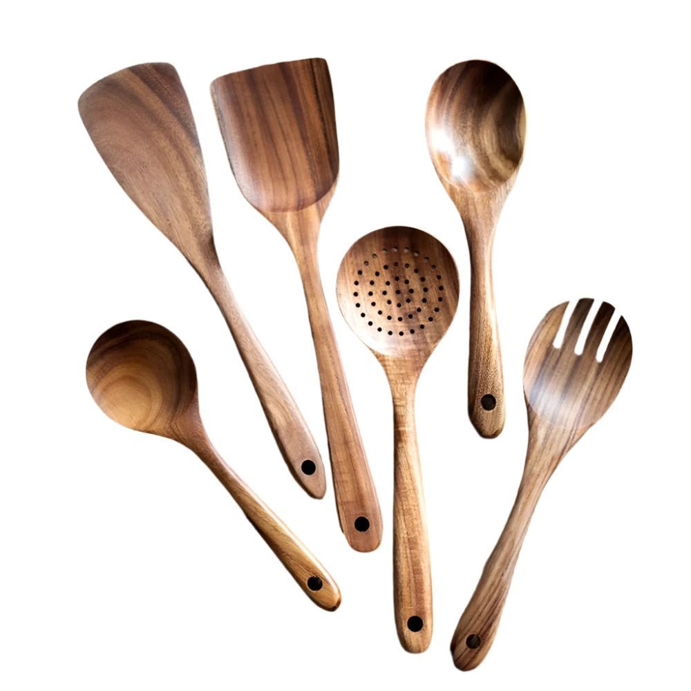 Hemasa Thailand Teak Natural Wood Tableware Spoon Ladle Turner Long Rice Colander Soup Skimmer Cooking Spoons Scoop Kitchen Tool Set