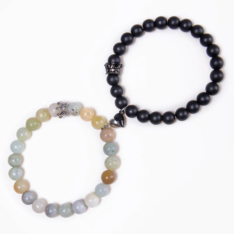 2023 White Turquoise Frosted Stone Magnetic Couple Charm Bracelets Fashion Crown Natural Stone Beaded Bracelet for Men and Women