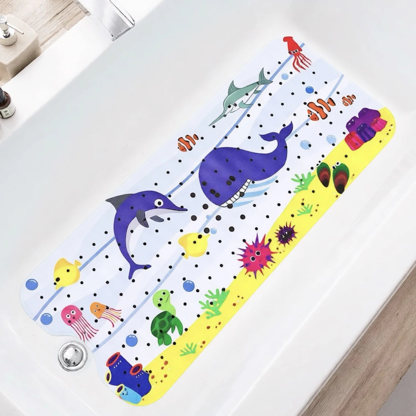 Tejesa 1pc Cartoon Extra Long Bathtub Mat 40x100cm Non Slip Bath Mat for Bathroom Tubs Shower Mats with Suction Cups & Drain Holes