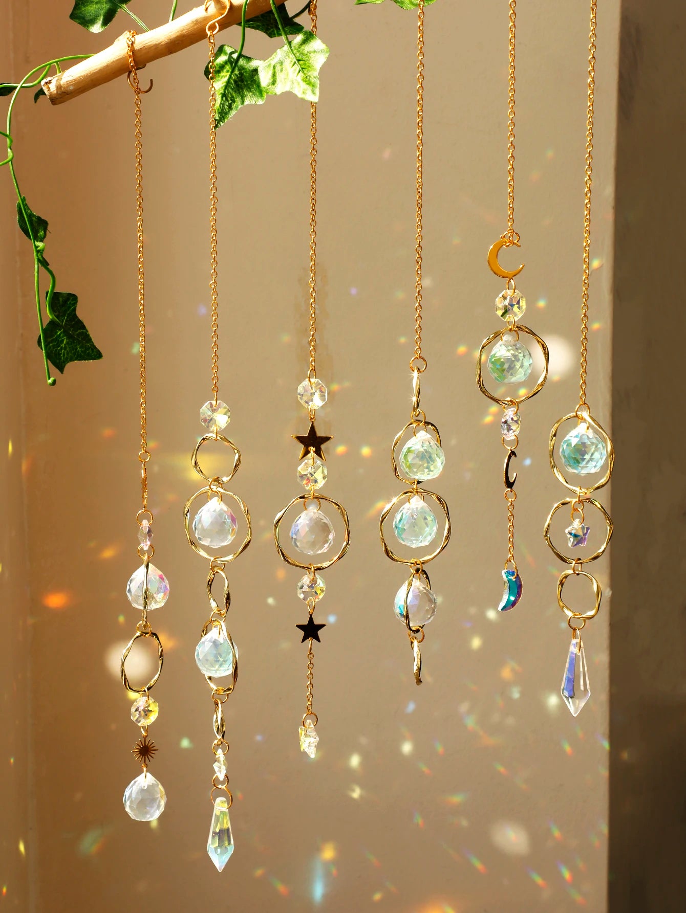 Hemasa Hanging Ornaments Boho Sun Catcher Handmade Art Crystal Sun Catchers with Gold Chain for Window/ Wall or Garden Decor Wind Chimes