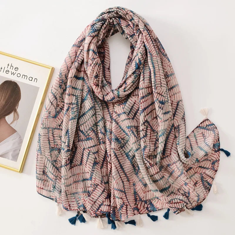 Elegant Woman Shawl Fashion Design Tassel Cotton Scarf Muslim Hijab Scarfs Floral Print Ladies Scarves For Beach Party Bandana