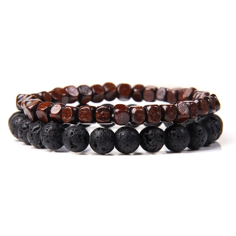2pcs/set Beaded Bracelet Natural Stone Tiger Eye Hematite Beads Bracelet Men Energy Elastic Rope Bracelet Jewelry Couples Gifts