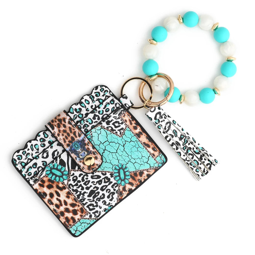 Hemasa Silicone Bead Bracelet  Leather Card Bag Wristlet Keychain Silicone Beaded Bracelet Leather Tassel Wallet Bangle