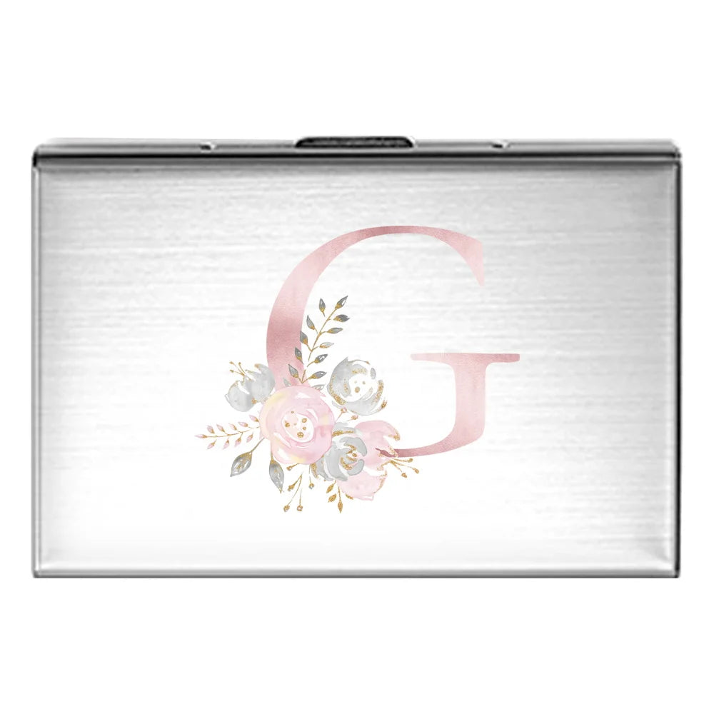 Tejesa Metal Business Card Holder - Slim Pocket Business Card Case for Unisex /Stainless Steel IC Cards /Pink Flower Print Series