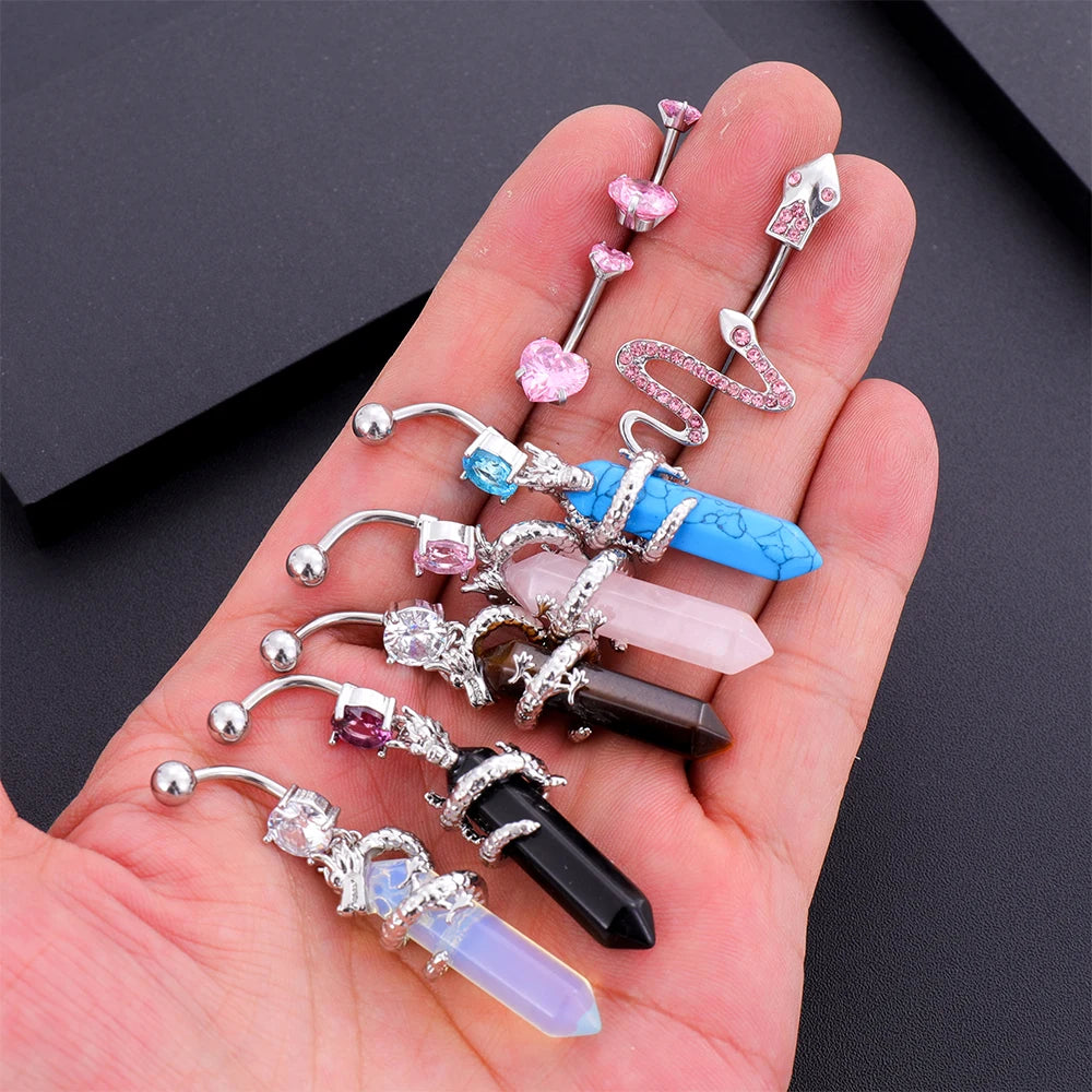 1pc Dragon Butterfly Flower Heart Belly Button Rings Blue Pink Crystals Zircon Dangled Navel Belly Piercing Nombril for Women