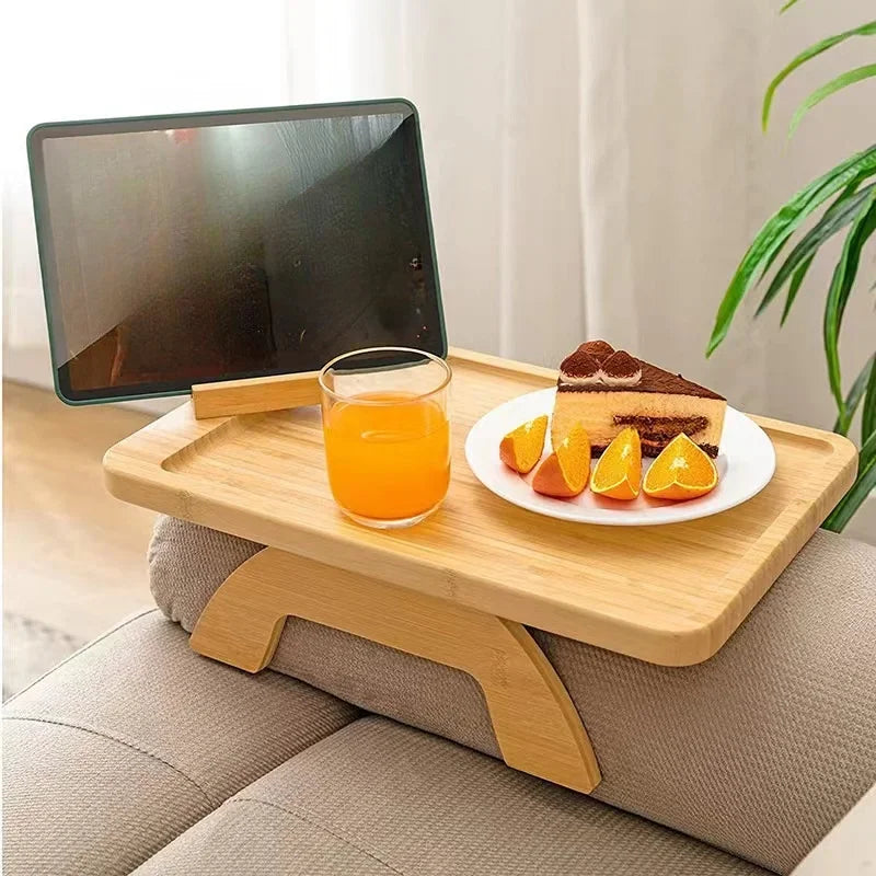 Tejesa Living Room Side Table Bamboo Clip-on Coffee Table with Phone Holder Sofa Armrest Fixed Storage Rack