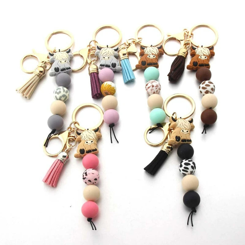 Hemasa  Silicone Bead Car Keychain Bull Cartoon Bag Pendant Key Chains for Women