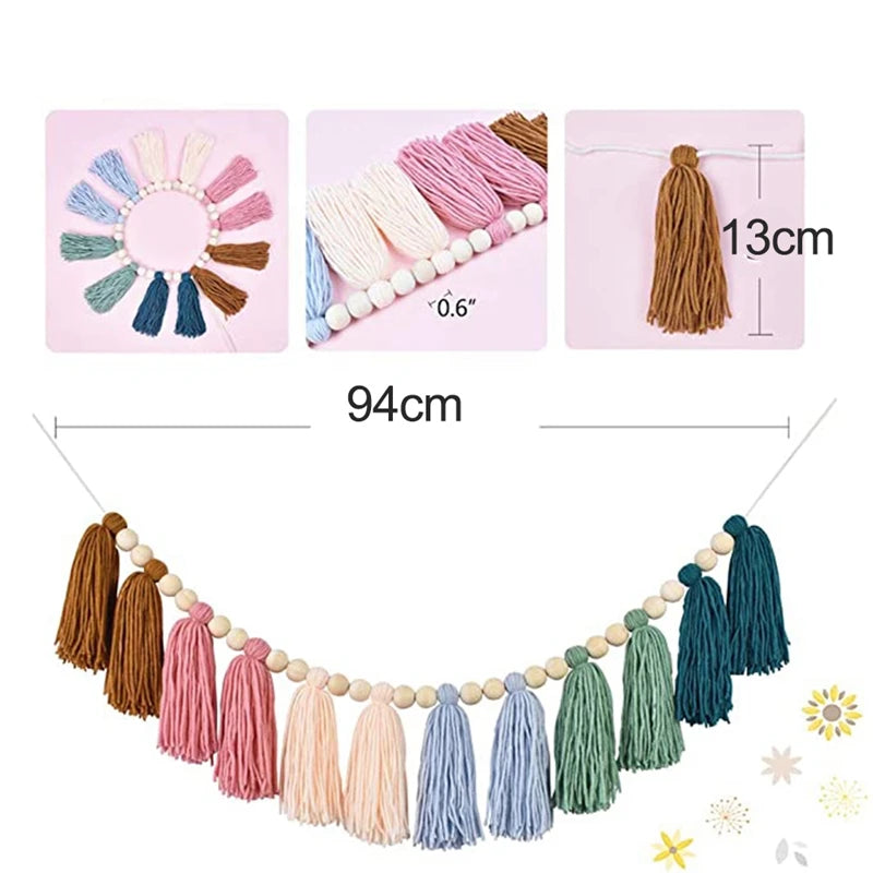 Promotion! Boho Tassel Garland With Wood Bead Earth Toned Rainbow Garland For Classroom Nursery Party Kids Bedroom Room Dorm