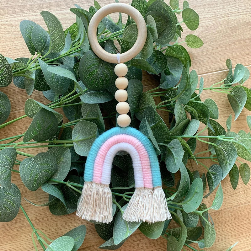 Handmade Woven Cotton Rope Rainbow Decoration Natural Wooden Bead Tassels Garland String Wall Hanging Ornament Home Decoration
