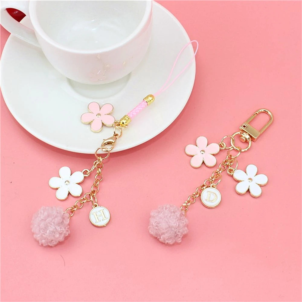Fashion Imitation Pearl Flower Keychain Cute Sakura Rose Plush Ball Keyring for Women Girls Car Handbag Phone Pendant Accessorie