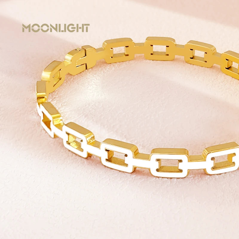 Heamsa White Enamel Charm Cuff Bangle For Women /Stainless Steel Round Hollow  Bracelet