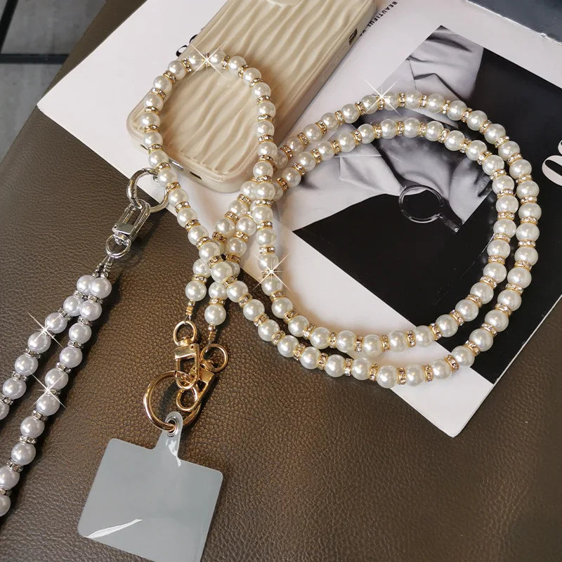 Long Pearl Phone Lanyard Handmade Bead Chain Single Shoulder Diagonal Cross Anti Drop Strap With Rhinestones For All Phone Cases