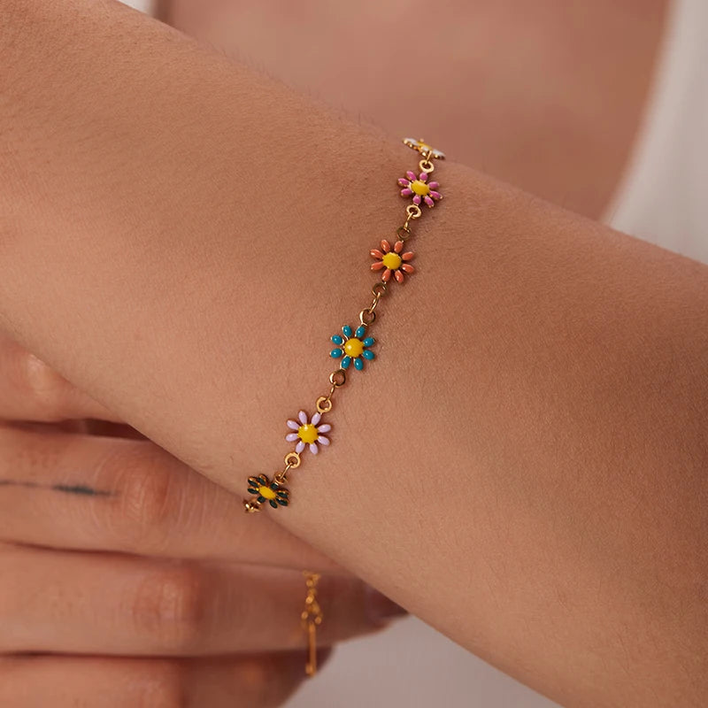 Hemasa Gold Plated  Daisy Flower Stainless Steel  Colorful Bracelets For Women