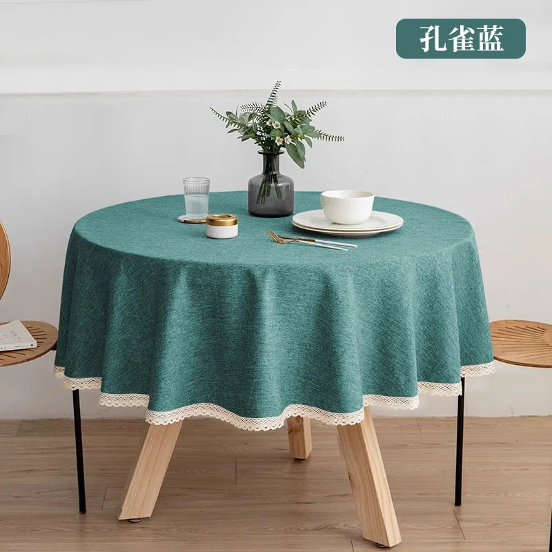 New Large Round Tablecloth Solid Color Cotton Linen Waterproof Table Cloth Oil-Proof Table Cover for Kitchen Garden Restaurant