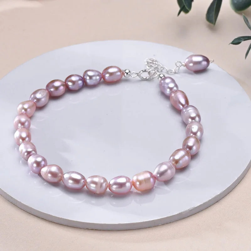 Hemasa 6-7mm Rice Shape Freshwater Pink Purple Mixed Color Bracelet /925 Sterling Silver  Jewelry Gift for Women Girls