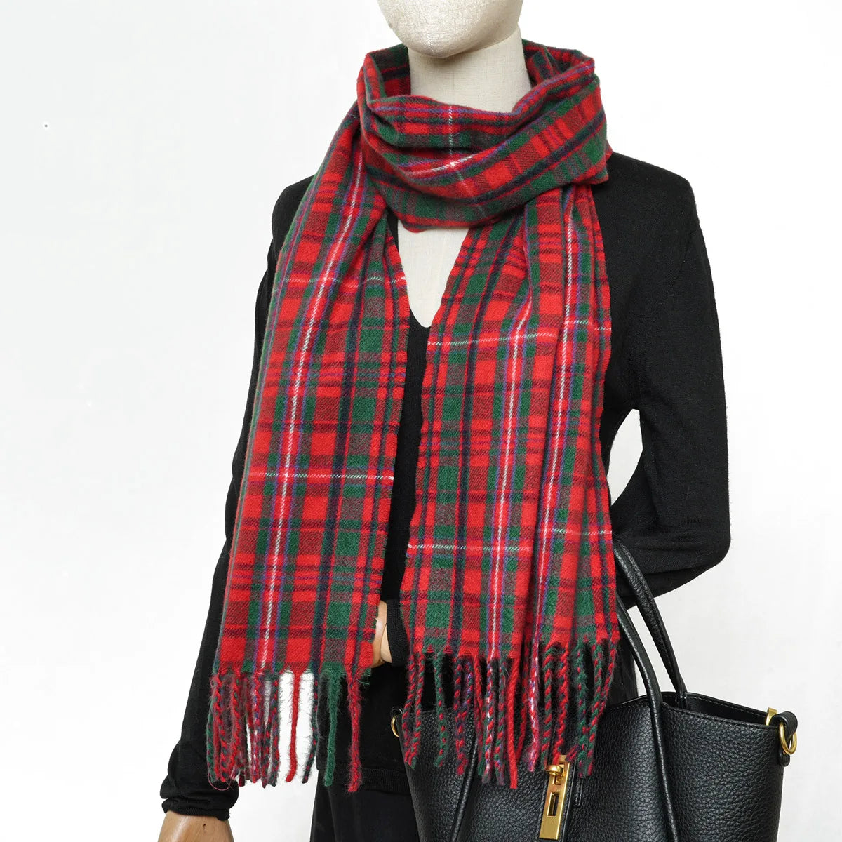A Christmas and New Year winter soft cashmere texture scarf to keep you warm and classic green and red plaid scarf and shawl