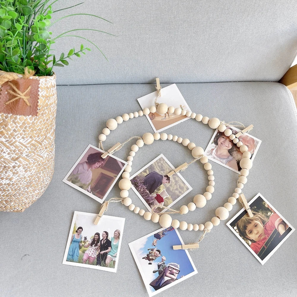 Wall Hanging Photo Display with Wooden Beads Garland For Home Party Wedding Anniversary Photo Memory Collection String Ropes