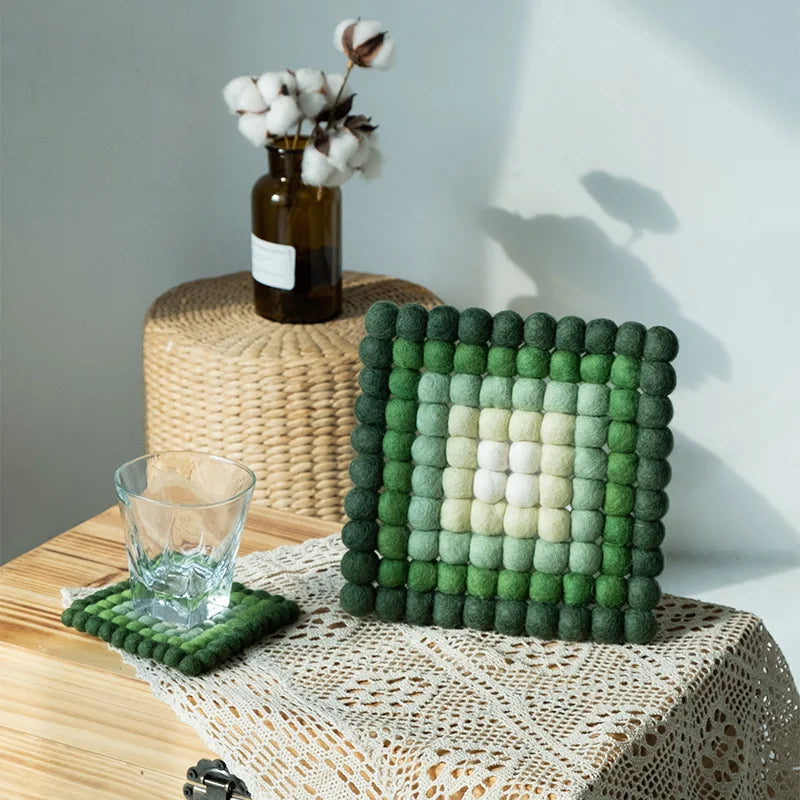 Green Series Handmade Wool Felt Pot Holder Coaster Cup Drink Pad Home Dining Room Decor Table Protection Decoration Accessories