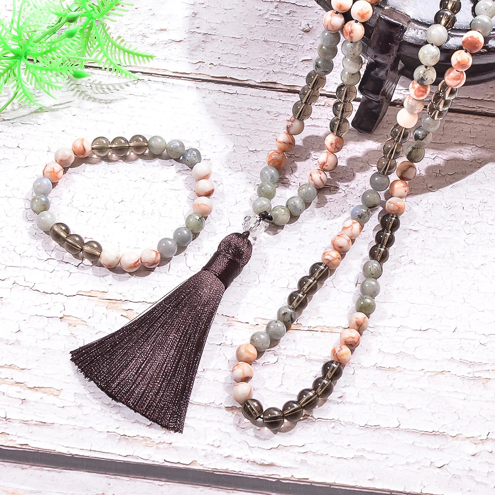 8mm Labradorite Smoke Quartz Beaded 108 Mala Necklace Bracelet Jewelry Set Meditation Yoga Prayer Japamala Rosary