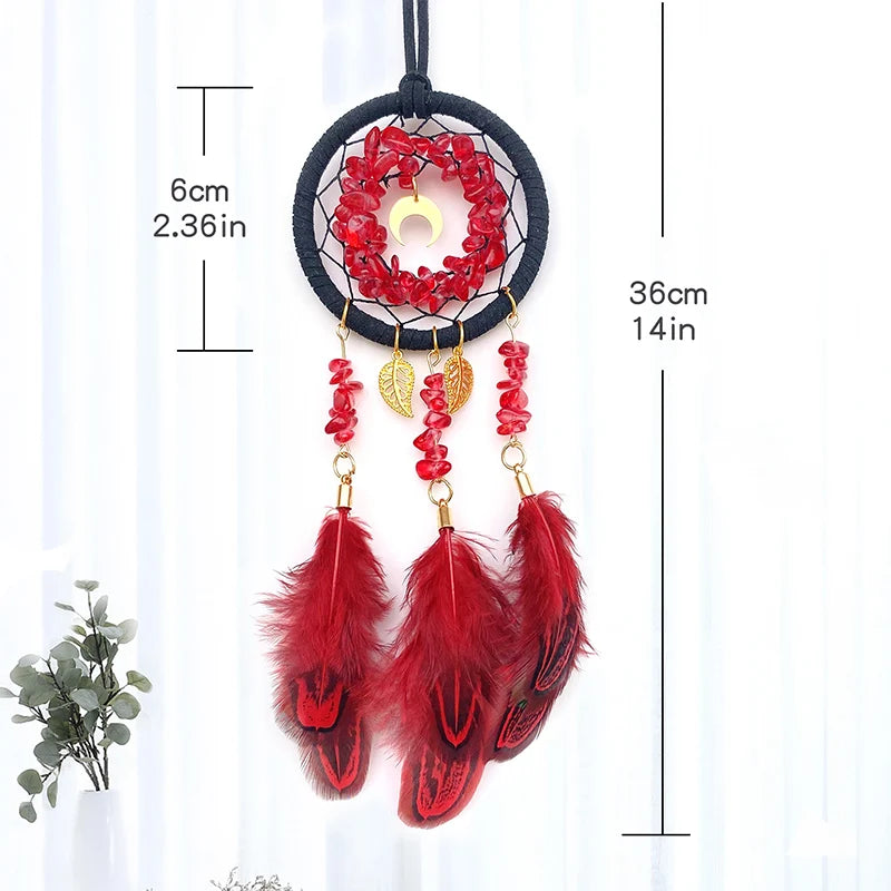 Hemasa Red Colour Crystal Stone Red Feather Wind Chime  Dream Catcher  for Car Pendant Creative Bedroom