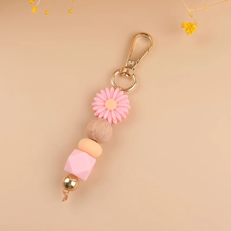 Daisy Silicone Beaded Keychain Handmade Wood Beads Key Chains For Women Girls Car Bag Pendant Key Accessories Keyring Gift