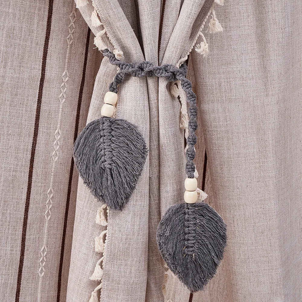 Boho Curtain Tiebacks Leaf Curtain Buckles with Wooden Bead Cotton Rope Hand-Woven Curtain Straps for Home Bedroom Decoration