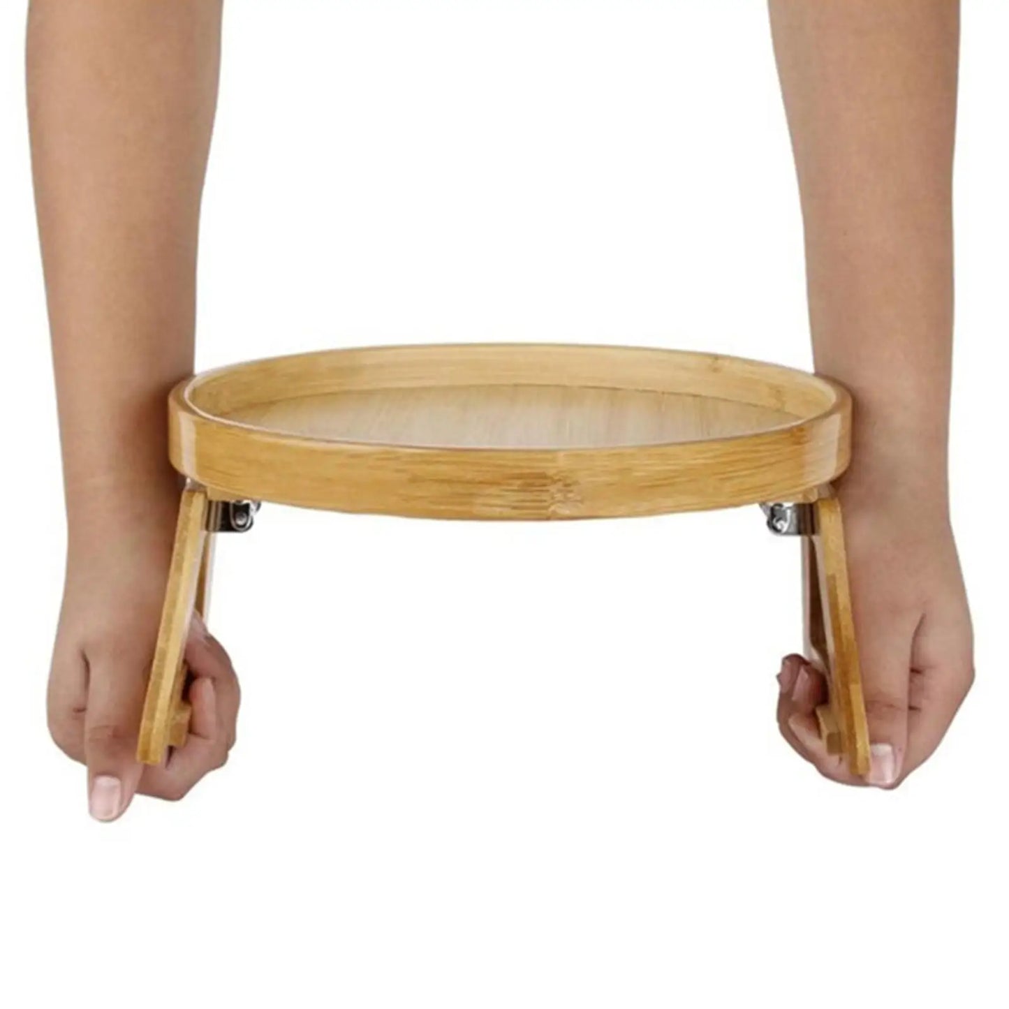 Hemasa Serving Tray with Foldable Legs Wooden Tray Sofa Armrest Clip-On Round Tray Folding Bed Table for Tea Remote Control Dessert
