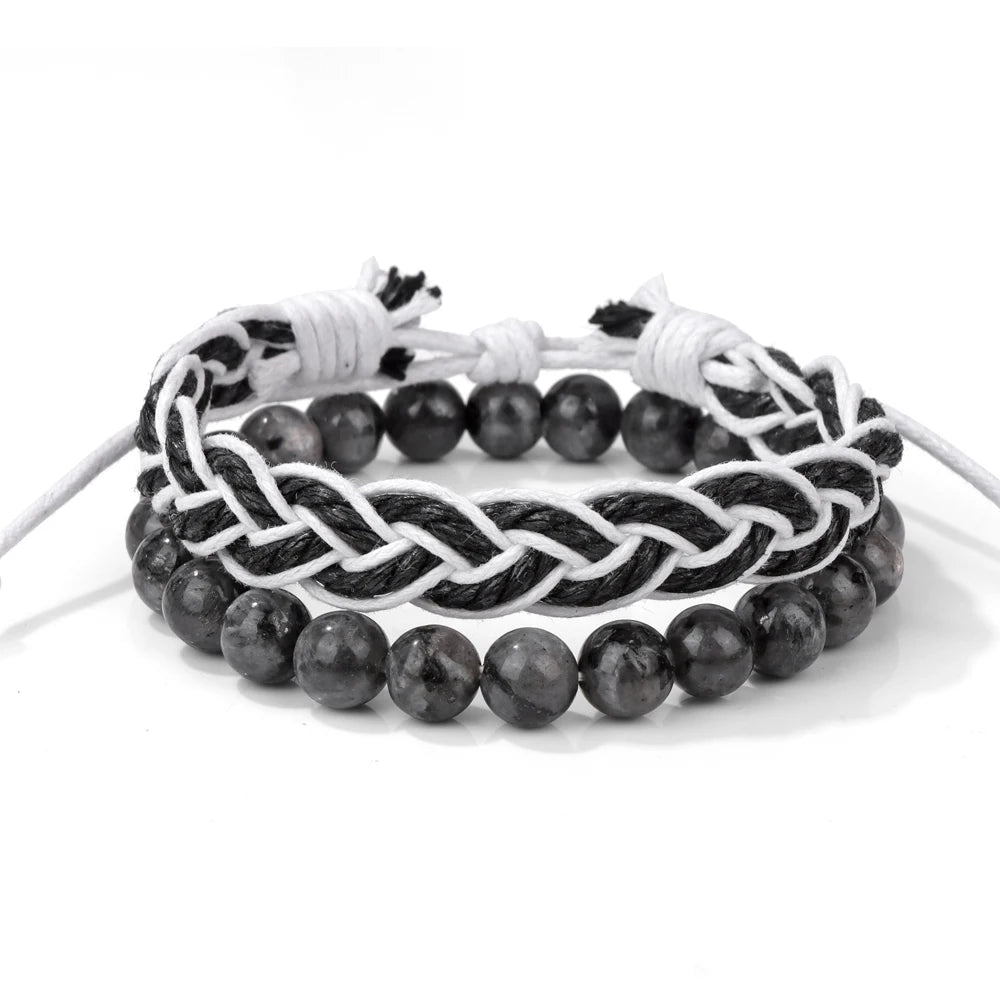 Tejesa 2pcs/set Boho Handmade Braided Rope Bracelet Natural Stone Lava Volcanic Beads Charm Bracelets Set Jewelry for Men Women Gift