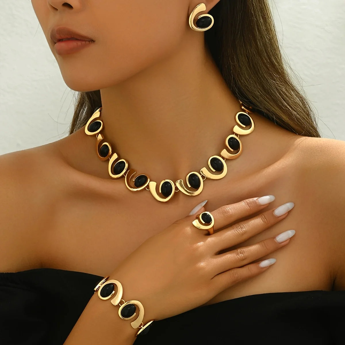 Ladies 4-Piece Set Fashion Simple Bohemian Spiral Design Necklace Earring Bracelet Ring Jewelry Accessories